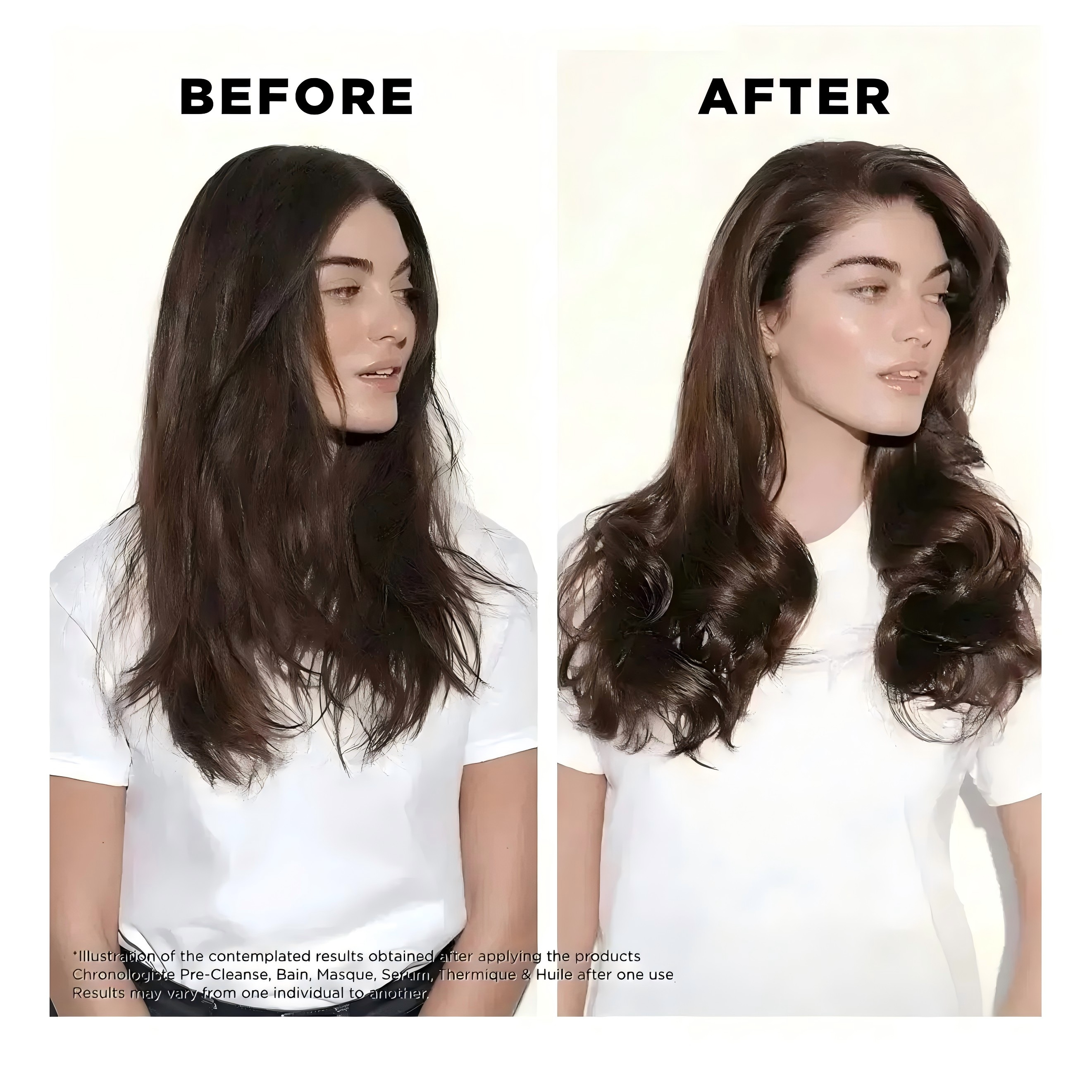 Before and after comparison showing smoother, fuller-looking hair after product use