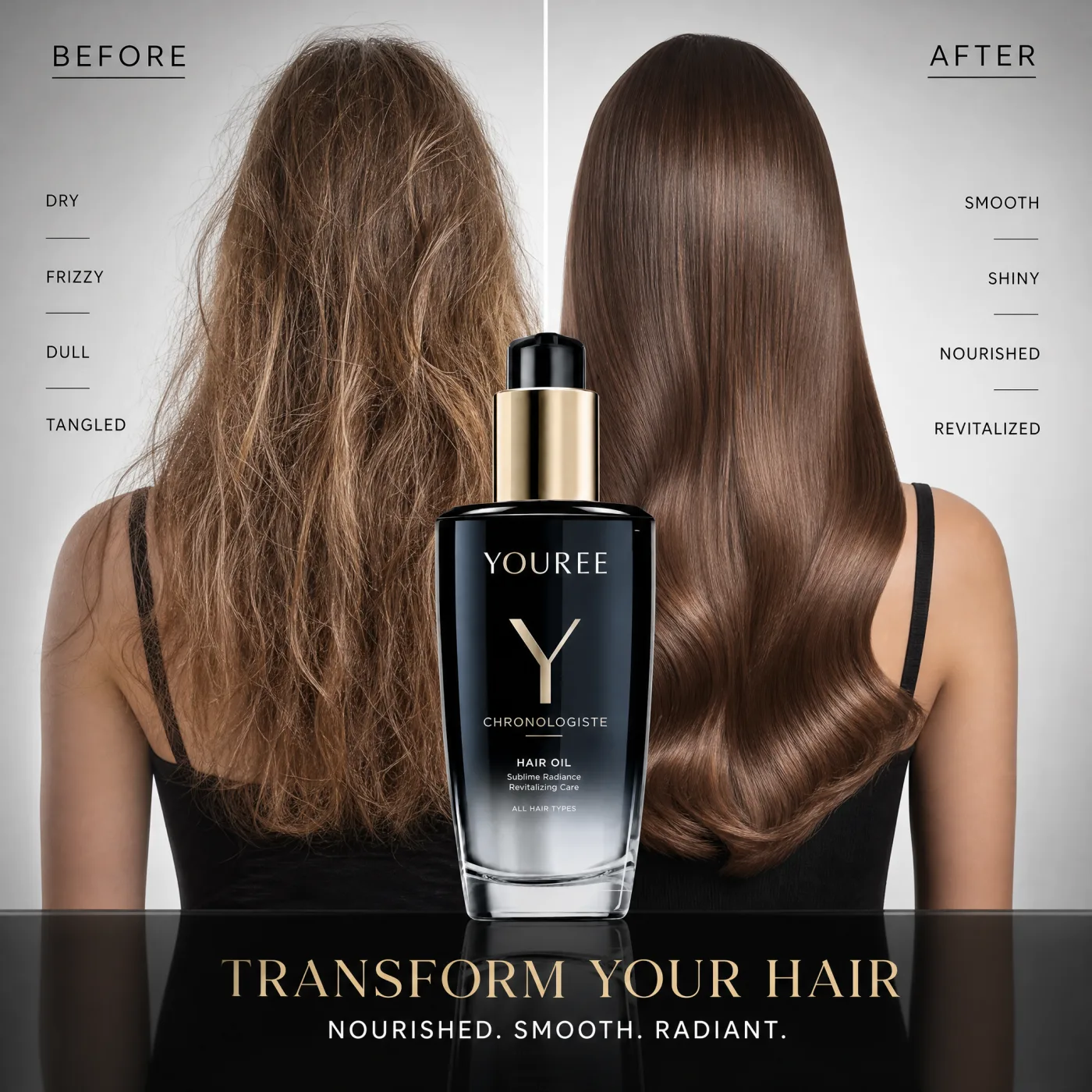 Hair oil shine and smoothness presentation